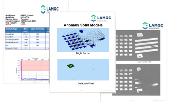 LAMQC automated build report from your in-situ data contains PASS/FAIL, build summary, line chart of build anomalies and the most relevant layer camera anomaly images.
